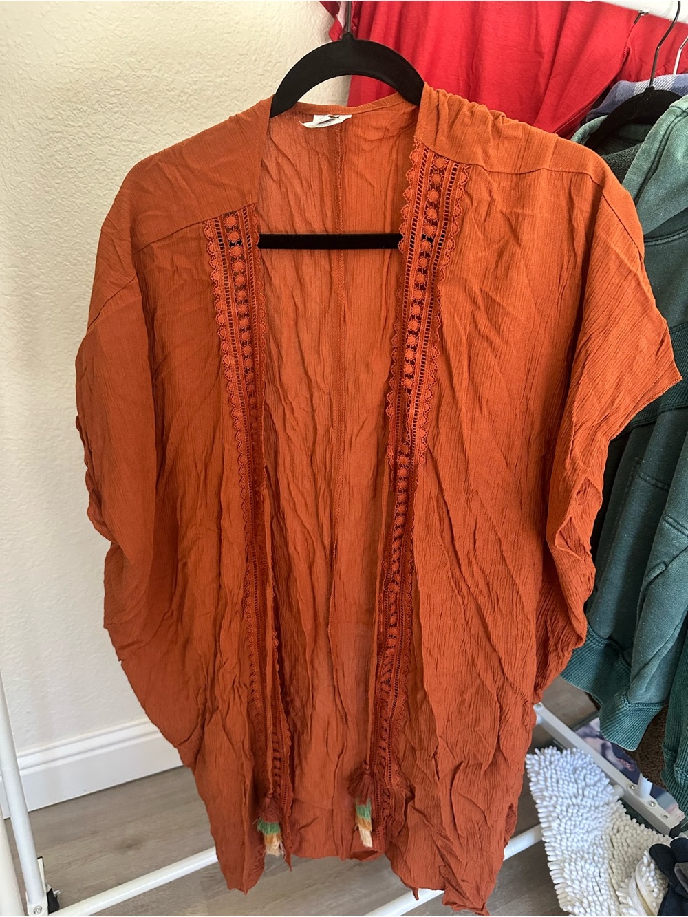 BECCA Rust Orange Open-Front Kimono Tunic with Tassels